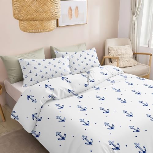 Generisch Kinder Bettbezug Set Minimalistischer Cartoon Anker Bettwäsche Set Für Jungen Mädchen Jugendliche, Bettenset Inkl 1 Bettbezug 180 X 200 cm Und 2 Kissenbezüge 80 X 80 cm Weiß