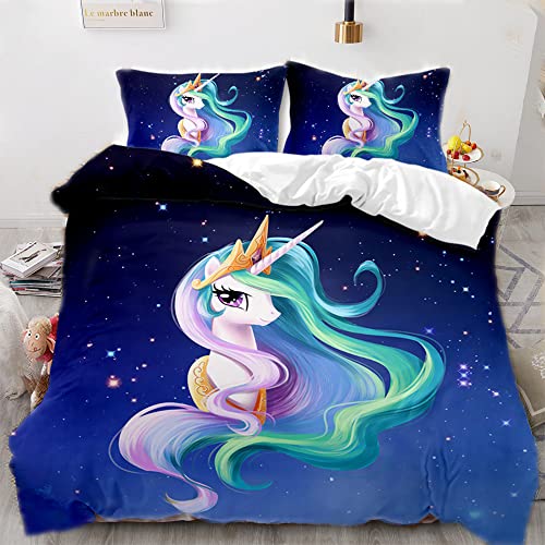 AOXHFNV Rosa Einhorn Bettbezug,süßes Einhorn Wimpern Mädchen Kinder Bettwäsche135×200cm,Ein horn-Motiv Bettwäsche mit 2 Kissenbezügen (135×200cm, Blau)