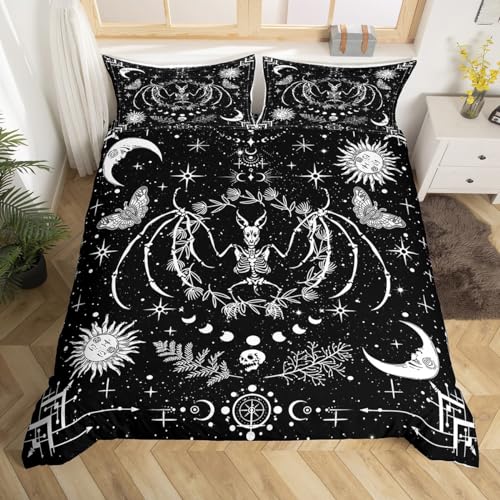 Fledermaus Tier Skelett Bettbezug Set S Größe,Sonne und Mond Bettwäsche Set,Schwarze weiße Sterne Schmetterling Tröster Abdeckung Kinder Mädchen Zimmer,Gothic Hippie Stil Quilt Cover,1 Kissenbezug
