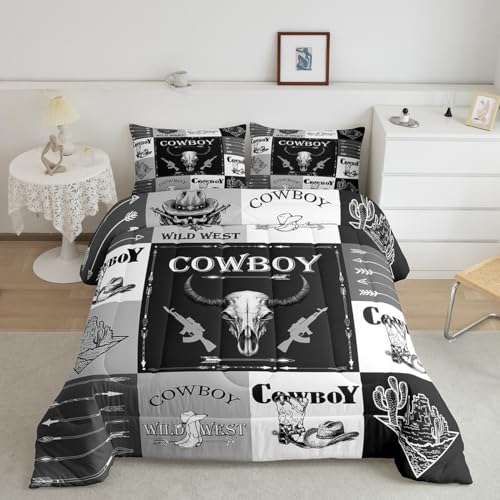 Erosebridal Western Cowboy Tröster Set Twin Size Jungen Südwestern Pferd Bettwäsche Set Stier Schädel Steppdecke Vintage Bauernhof Tier Bettdecke Einsatz Pfeil Kaktus Reitstiefel Daunendecke Grau