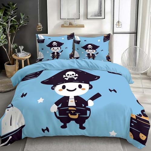 EXSANLIEAY Mode Bettwäsche-Sets 200x200 cm Pirat Bettbezug Kreatives 3D Effekt Weich Microfaser Deckenbezug mit Reißverschluss und 2 Kissenbezug 80x80 cm