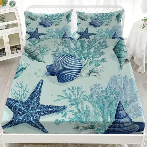 Erwachsener Bettlaken Set Spannbettlaken 180x200cm TüRkis 3D Weiches Spannbetttuch Atmungsaktiv Tiefe Tasche 30cm, Drucke Zum Thema Meer Bettwäsche für Boxspringbetten mit 2 Kissenbezügen 80x80cm