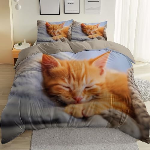 Bettwäsche Set 150 x 200 cm, Tier Süß Orange Katze Bedruckt Weiche Mikrofaser Bettbezug mit Reißverschluss, Braungrau Wende Bettbezug 3 teilig für Erwachsene Frauen Jugendliche