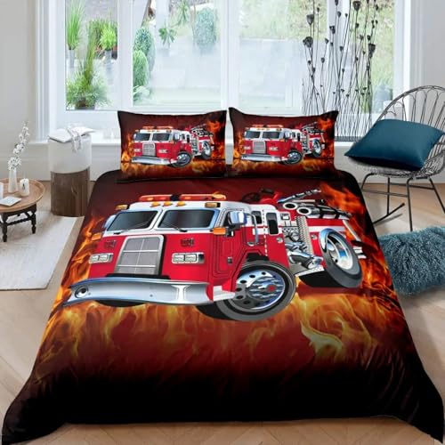 Feuerwehrmann LKW Bettbezug Set Kinder Feuerwehr Auto Fahrzeug Bettwäsche Set 135x200cm für Jungen Kinder Dekor Feuerwehr Muster Betten Set Mit 2 Kissenbezug (Farbe 1#,200x200/80x80 cm)