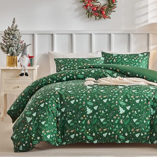 Tokokimo Weihnachts Bettwäsche 200x200 - Mit Urlaubsmustern und Geschenkdesigns - 3teilig Bettbezug 200x200 mit Kopfkissenbezug mit Reißverschluss 80x80cm*2, Grün