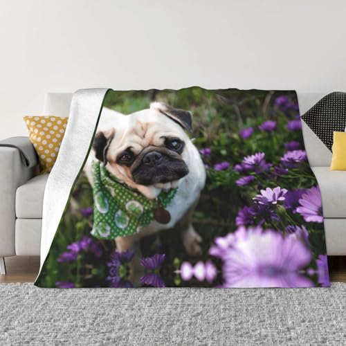 Ultraweiche Mikrofaser-Flanell-Decke für alle Jahreszeiten, warme Mops im Garten, bedruckt, für Bettwäsche, Sofa und Reisen
