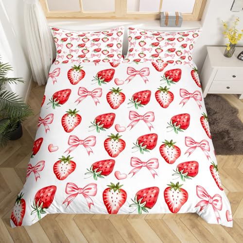 Homewish Kinder Erdbeere Bettwäsche Liebe Herzen Bogen Set 200x200cm für Kinder Teenager, Leckere Früchte bettset Mikrofaser Wohndekor Stil Bettwäscheset