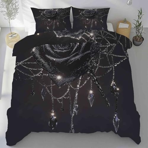 Kntnshac Schwarze Rose Blumen Spinnennetz Bettwäsche 200x220, Schwarz Microfaser Bettbezug, Wendebettwäsche mit Reißverschluss?Enthält 1 Bettbezug und 2 Kissenbezug 80x80 cm