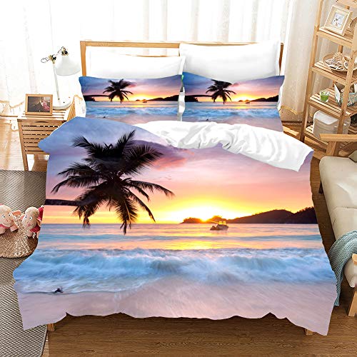 Morbuy Bettbezug Bettwäsche Set, 3D Sommerstil Strand Drucken Bettwäsche-Set Junge Mädchen Deluxe Mikrofaser Weiche mit Reißverschluss Bettbezug und Kissenbezüge (200x200cm,Twilight Beach)