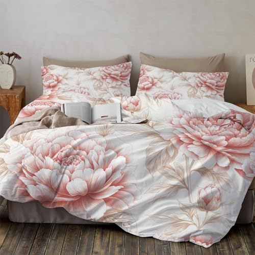 KETAFOUND Bettwäsche-Set 135 X 200 cm, 2 -Teilig, Pfingstrosenmuster Landhausstil, 1 Bettbezüge 135 X 200 cm + 1 Kissenbezüge 80 X 80 cm, Bettwäsche-Set Aus Polyester-Mikrofaser Mit Reißverschluss