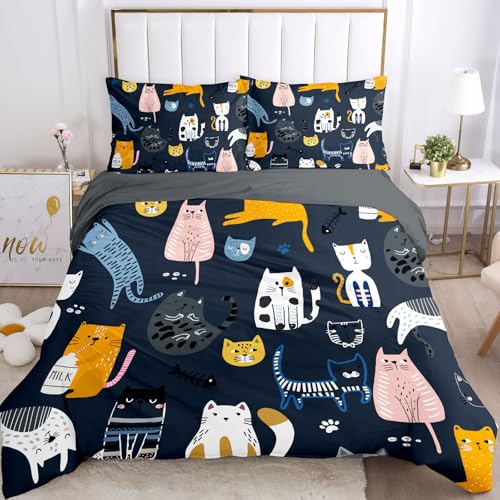WZXGHE Cartoon Katze Bettwäsche 100x135,Weiche Kuschelige Mikrofaser Katzen Bettbezug Set,mit Reißverschluss1 Bettbezug Und 2 Kissenbezüge 50x75 (Katzen-B, 100x135cm)