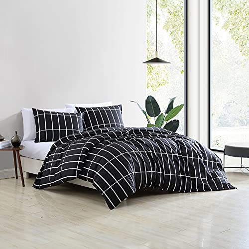 Marimekko Tiiliskivi Collection Bettbezug-Set – 100 % Baumwolle, mittelschwer, Ganzjahres-Bettwäsche mit Knopfverschluss, inklusive passenden Kissenbezügen, Kingsize, Schwarz