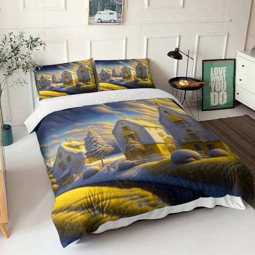 REIPOL Twilight Cottage 3D Druck Bettwäsche Tröster Set Mikrofaser Bettbezüge Erwachsene Jungs Kinderbettwäsche Set Cartoon Bettbezug Mit Reißverschluss Und Kissenbezug 3 Teilig Double?200x200cm?