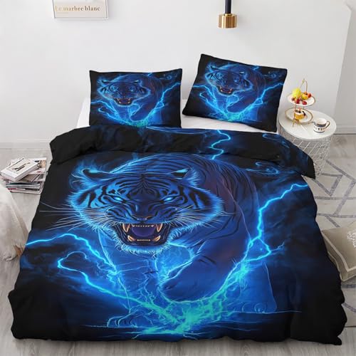 Tiger Deko - Winter Bettwäsche 140x200 Tiger, Wilde Tiere Bettbezug 2er Set mit 1 Kissenbezug 70x90, Weiche Mikrofaser Winterbettwäsche mit Reißverschluss C*&129