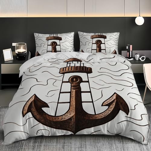 Grau Bettwäsche 200x200 cm 3 Teilig, Weich Mikrofaser Leuchtturm Muster Bettbezug und 2 Kissenbezüge 80x80, Kein Bügeln und Verblasst Nicht Bettbezüge Für Familien, Kinder