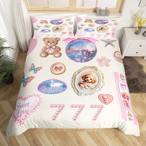Nette Hund Bär Bettbezug M Größe,rosa Bowknot Bettwäsche Sets Kinder Mädchen Frau Teens Zimmer Dekor,Kawaii Blume und Schwan Tröster Abdeckung Süße Prinzessin Stil Quilt Cover,1 Kissenbezug