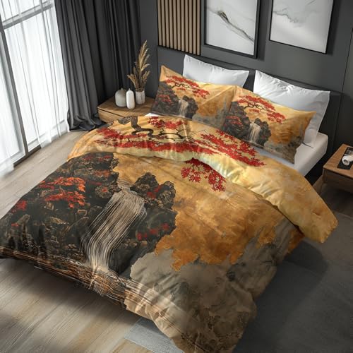 Generisch Bettwäsche 135x200 Wasserfall Japanische, Weiche Bügelfreie Mikrofaser Bettbezug Set 2tlg, Orientalisch Landschaft Muster Schlafzimmer Deko, 1 Kissenbezug 80x80, mit Reißverschluss KG119