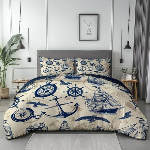 Bettwäsche 240 x 220 cm Nautische Maritime Elemente Set 3 Teilig Mikrofaser Bettbezug Atmungsaktiv Langlebig Blau Bettwäsche Mit Reißverschluss Und 2 Kissenbezug 50x75cm