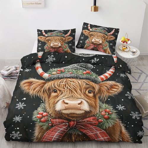 Luxfieo Hochlandrind Deko - Hochlandrind Bettwäsche 140x200 Winter, Weihnachten Landhaus Schneeflocke Bettbezug 2er Set mit 1 Kissenbezug 70x90, Weiche Mikrofaser Winterbettwäsche mit Reißverschluss