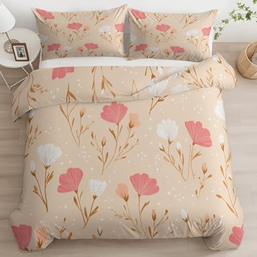 Bettwäsche 180 x 200 cm 3teilig Beige Bettbezüge Französischer Landhausstil Pflanzen Und Blumen Weiche Bettwäsche-Sets mit Reißverschluss Bügelfrei