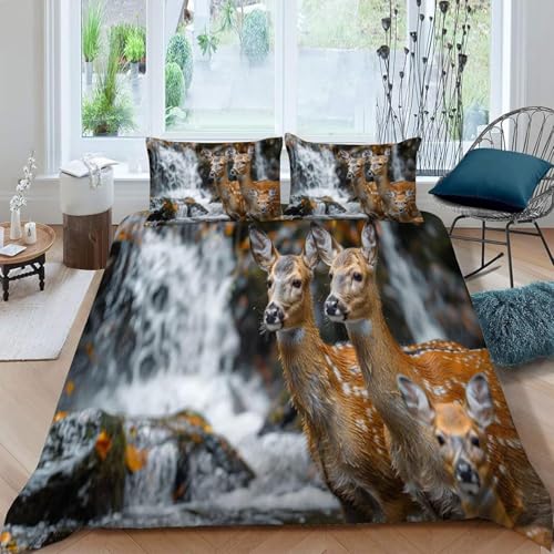 Hirsch Bettwäsche 180x200 Sika-Hirsch Bettwäsche Set, 3D Bettbezug Set Weich Microfaser Bettbezüge 3 Teilig Wasserfall Wendebettwäsche für Doppelbett, mit 2 Kissenbezüge m976