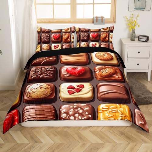 Romantische Schokolade Bettbezug Set S Größe, 3D Braun Beige Sweet Food Grid Reversible Tröster Abdeckung (nicht Tröster), Köstliche Desserts Red Heart Print Polyester Bettwäsche Set, 2 Pcs
