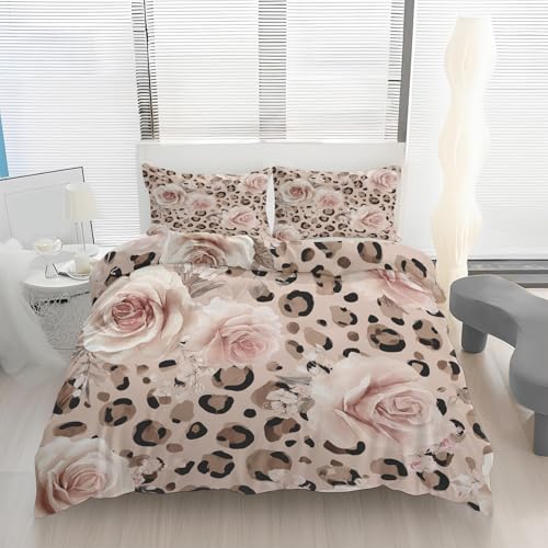 Generisch Rose Blumen Leopard Bettwäsche-Sets Leopardenmuster Bettbezug 200x200 cm + 2 Kissenbezüge 80x80 cm Mikrofaser Wende Bettwäsche mit Reißverschluss, Weich & Knitterfrei Deckenbezug