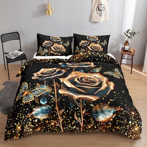 HOSIMA Bettwäsche-Set Mit Metallrose-Druck für Erwachsene, Jungen und Mädchen - Bettbezug Mit 2 Kissenbezügen (S)