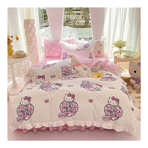 GLLUSA Rüschen Hello Kitty Bettwäsche 3/4 Teilig Mädchen Mikrofaser Bettbezug Deckenbezug mit Reißverschluss mit Kopfkissenbezüge 50x75cm (Color : A, Size : 150x200cm)