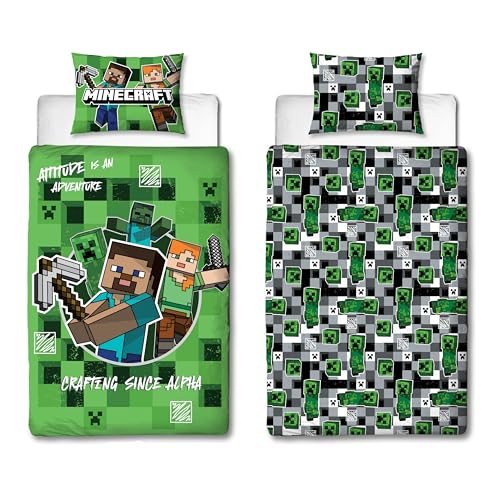 Character World Minecraft Offizielles Bettwäsche-Set für Einzelbett, Blockkaro, Gaming-Design, wendbar, 2-seitig, inkl. passendem Kissenbezug, Einzelbett-Set