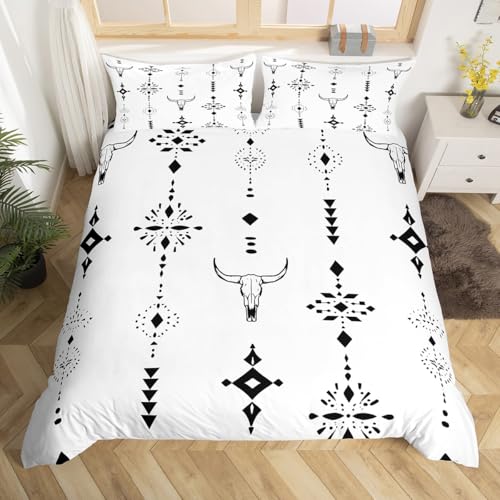Homewish Westlich Bettwäsche Südwestliches Boho Design Bettbezug 220x240 Geometrischer Aztekischer Hochland Kalbenschädel Bettwäsche Set Jugendliche Landhaus Rustik Weiß Bettset Zimmerdekor Weich