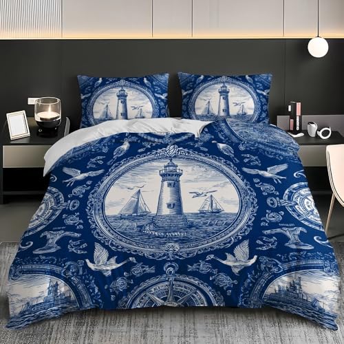 Bettwäsche-Sets 135x200 cm mit 2 Kissenbezug 80x80 - Retro Leuchtturm Nautischen Thema Atmungsaktive Bettbezug mit Reißverschluss, Weich und Bügelfrei 3 teilig Blau Bettbezüge für Kinder Erwachsene