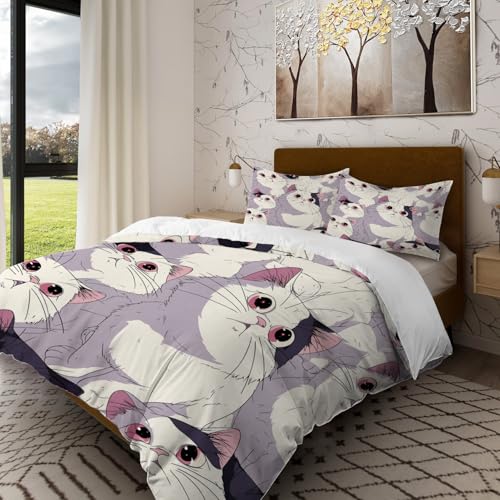 Batmerry Entzückende Katzen-Katzen-Kunst-Bettw äsche-Sets für King-Size-Betten, weich, flauschig, Kawaii-Katzen, 100 % Baumwolle, bedruckter Bettbezug für alle Jahreszeiten, 3-teilig