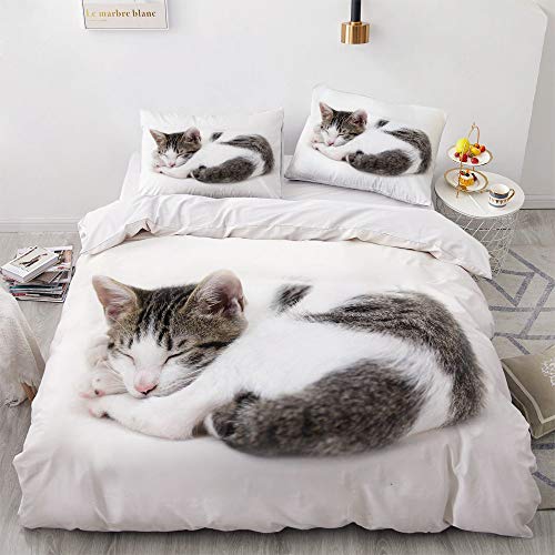 YASMENG Bettwäsche 135x200cm Weiß Katze Muster Kinder Junge Mädchen Bettwäsche Set Microfaser Bettbezug mit Reißverschluss und 1 Kissenbezug 80 x 80 cm