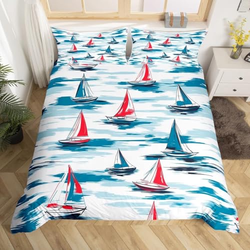 Segelboot Bettwäsche 200x200 Maritimes Thema Bettwäsche-Sets Bettbezug Set 3D Druck Bettbezüge Weiche Mikrofaser mit Reißveschluss und 2 Kissenbezüge L.326