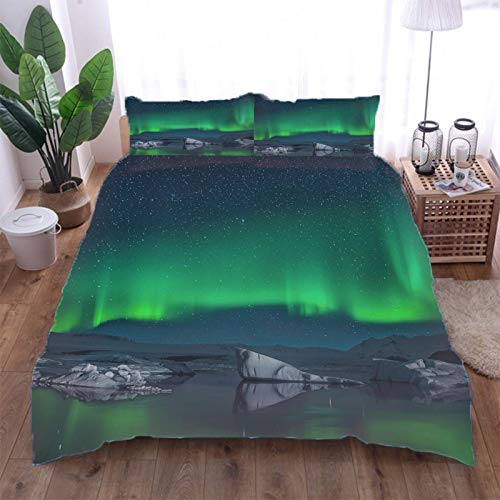 AOUAURO Bettwäsche 135x200 Südliche Aurora Nordlichter Landschaft Bettbezug Set 3D Bedruckte 3-Teiliges Polyester mit Reißverschluss 1 Bettbezug und 2 Kissenbezug 80x80cm 3 Stück Einzelbett