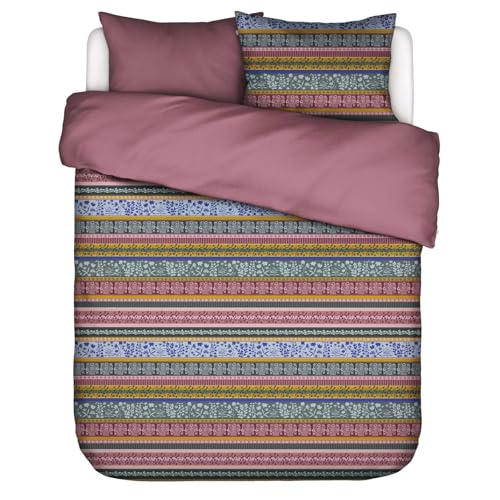 ESSENZA Bettwäsche Lita Mauve Streifen Geblümt Blumen Floral Gestreift Grün Bunt Wendedesign Winter Flanell, Größe:155 cm x 220 cm
