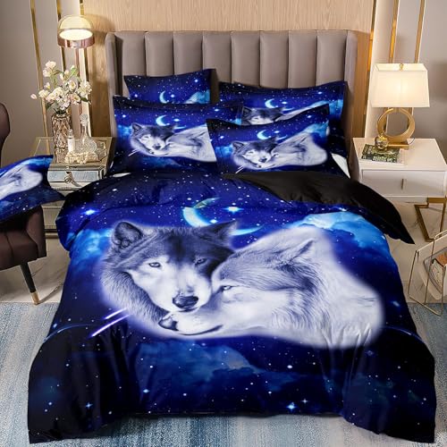 Wolf Bettwäsche 200x200cm 3D Animal 2 Personen Bettbezug Set für Jungen Mädchen 3 Teilig Set Weich Bunte Wölfe Bettwäsche Set 100% Microfaser Bettbezug + 2 Kissenbezüge 80x80cm mit Reißverschluss