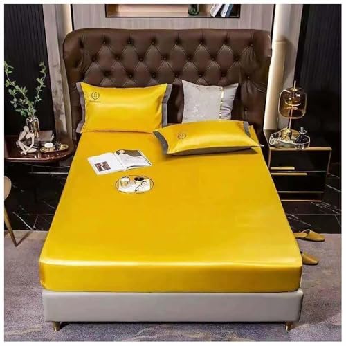 Seiden-Spannbetttuch, 200 x 220 cm, atmungsaktiv, Sommer-Bettwäsche, Eisseide, rutschfest, Queen-Size-/Doppelbett/Ei nzelbett, weich, gelb, weich, kühlender Komfort