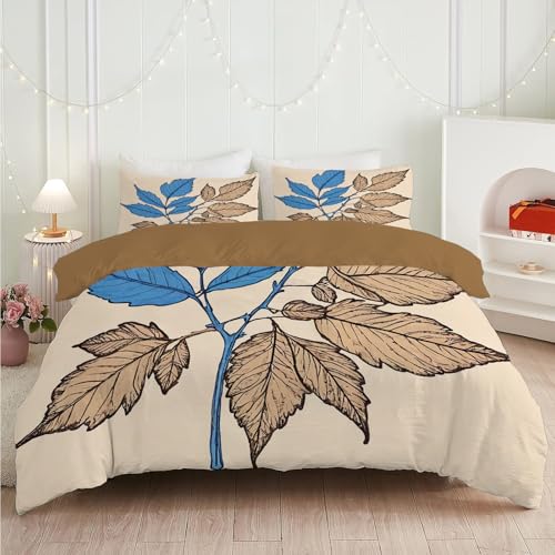 dyausi Blätter Bettwäsche 155x220 Blau Beige Braun, Botanisch Blatt Bettbezug 2 teilig, Pflanzen Wend Bettwäsche Microfaser, Deckenbezug mit Reißverschluss und 1 Kissenbezug C184