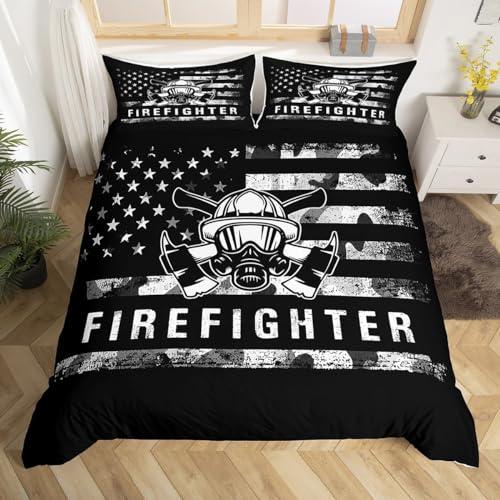 Feuerwehr Bettbezug Set M Größe,Retro amerikanische Flagge Patriotische USA Flagge Bettwäsche Mädchen Jungen Erwachsene,Feuerwehr LKW Tröster Abdeckung,Schwarz Grau Camo Quilt Cover,1 Kissenbezug
