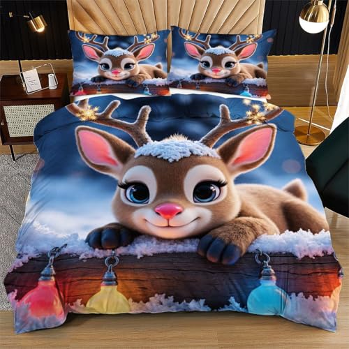 Nuphtun Premium 3D-Bettwäsche Set Bunter Hirsch, Einzelgröße 135x200 cm inkl. 2 Kissenbezügen | Atmungsaktiv, Hautfreundlich, Formbeständig | Einfache Pflege, Schnelltrocknend N382