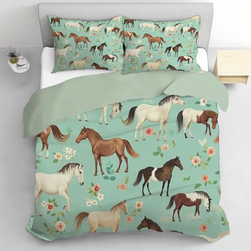 CEDNXOER 3D Aquarell Pferd Bettwäsche Set 155x220CM 3 teilig Weiche und Angenehme Microfaser Wendebettwäsche Süß Tiere Blumen Türkis Bettbezug mit 2 x Kissenbezug 80x80 cm