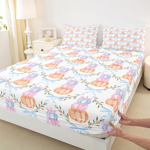 Aquarell Kürbis Einbaublech S Größe,Pink Blue Bow Druck Bettwäsche Sets Kinder Jungen Frauen Herbst Stil Pflanzen Bettdecken Bogen Grid gestreifte Tiefe Taschenblatt,1 Kissenbezug