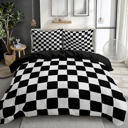 Buohwiwe Bettwäsche 140x200 Schwarz-Weiß Kariert Bettbezug 140 x 200 cm 3 Teilig Wendebettwäsche 3D Schachbrett Weich Mikrofaser Bettwäsche-Sets mit Reißverschluss und 2 Kissenbezüge a.1816