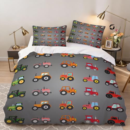 Hongduo 3D Karikatur Traktor Bettwäsche 135x200 cm Weich Mikrofaser Bauernhaus Bettwäsche-Sets mit Reißverschluss 3 Teilig Bettbezüge mit 2 Kissenbezug 80x80 cm
