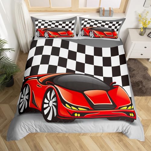 Homewish Rotes Rennwagen-Bettwäsche-Set für Kinder, Doppelbett-Bettwäsche-Se t für Jungen, Teenager, Mann, Extremsportwagen, Steppdecke, schwarz-weißes Gittermuster, kariert, Bettwäsche und Leinen, 2