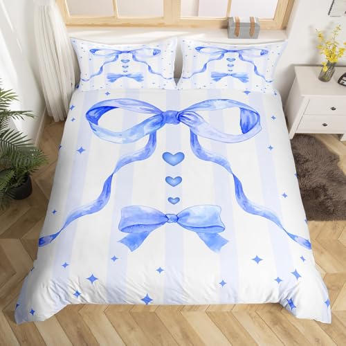 Homewish Kawaii Bogen Mädchen Bettwäscheset 155x220cm Blaue Bowknot Kokett Dekor bettbezug für Kinder für Mädchen Liebe Herz Sterne Bettwäsche Aquarell Ästhetik bettset Schlafzimmer dekor
