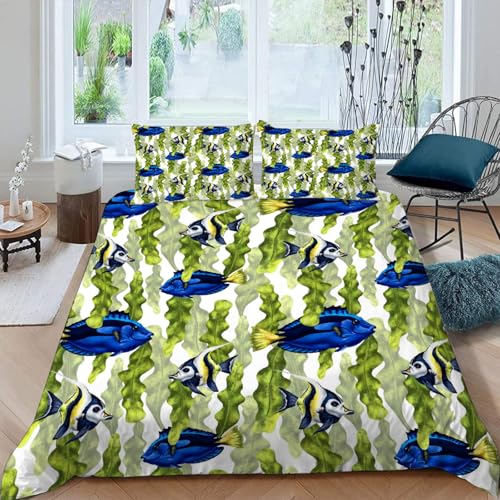 MOXINO 3D Maritime Bettwäsche 200x200 cm 3teilig Fisch Bettwäsche für Teenager Leicht Mikrofaser Bettbezug Sommer Weiche Bettbezüge mit 2 Kissenbezüge 80x80?Muster 110-3?