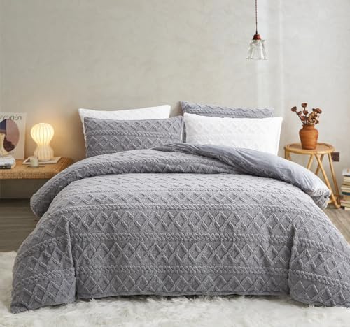 Sedefen Flauschig Bettwäsche 135x200 cm Grau Biber Flanell Fleece Geometrischmuster Cashmere Touch Winterbettwäsche Warme Bettbezug und 1 Kissenbezug 80x80cm mit Reißverschluss